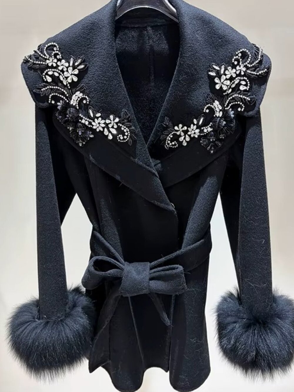 💎Luxury Designer Stylish Genuine Real Fox Fur Glamorous Wool Jacket Coat Trench